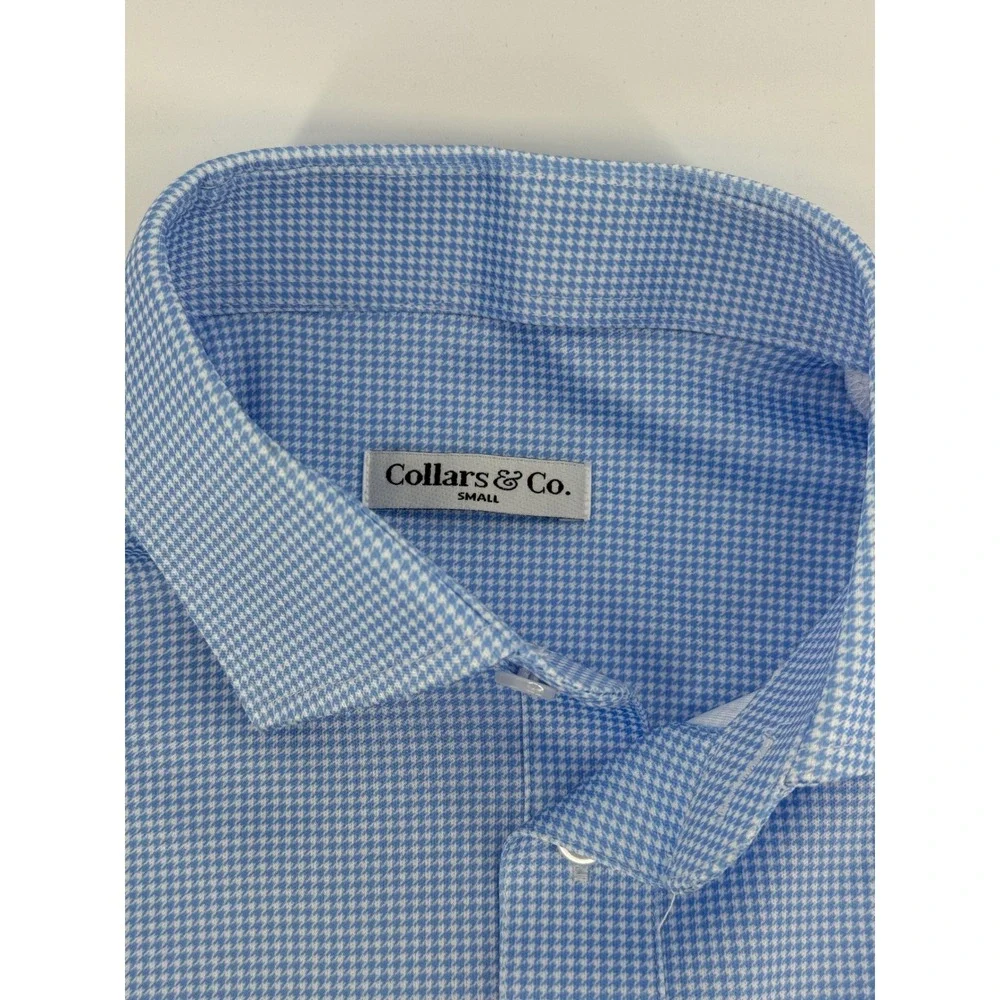 Collars & Co Mens Small Blue Houndstooth Short Sleeve English Spread Collar Polo
